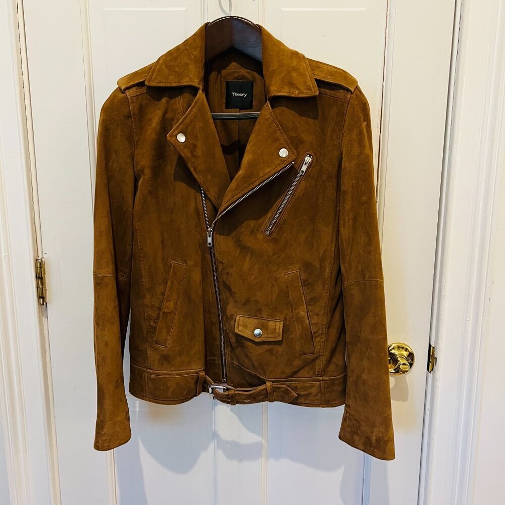 Theory Suede Goat Leather Womens Cognac Brown Tan Bike Jacket Coat Size Small - Picture 8 of 16